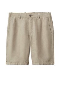 Beige Leinen-Shorts mit flacher Vorderseite, zwei Seitentaschen, einem einzelnen Knopfverschluss und einem entspannten Schnitt. Glatte Textur mit leichtem Glanz.