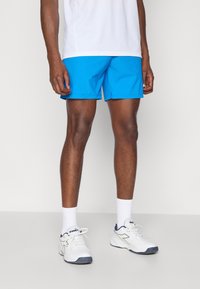 Men's blue athletic shorts made of lightweight fabric, featuring a relaxed fit, smooth texture, and no visible patterns or accents.