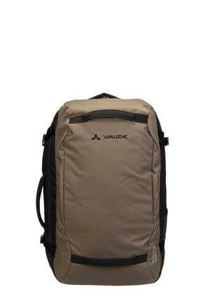 Zaino da viaggio rettangolare marrone e nero con maniglie superiori e laterali, logo VAUDE e etichetta "MUNDO CARRY 45" sul davanti.