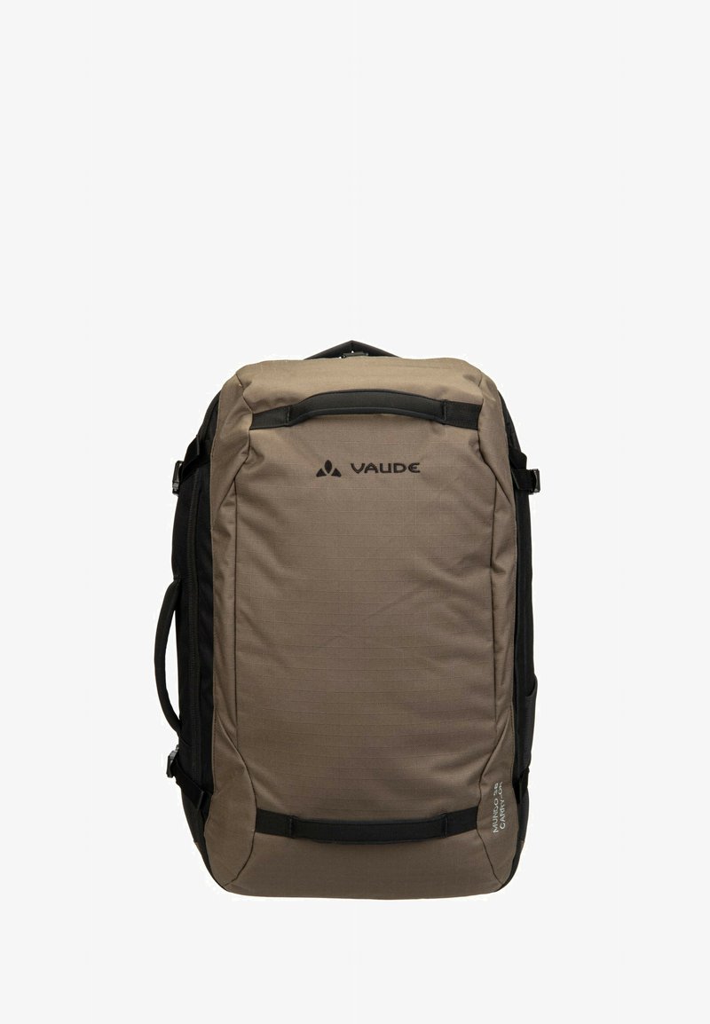 Sac à dos de voyage rectangulaire marron et noir avec poignées sur le dessus et sur les côtés, logo VAUDE et étiquette "MUNDO CARRY 45" à l'avant.
