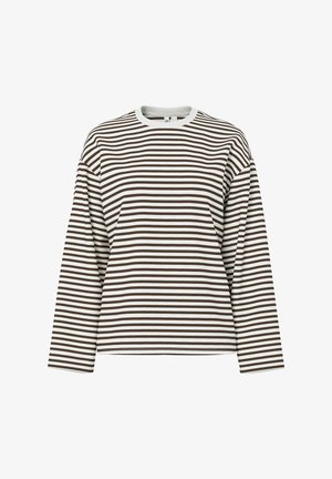 Koszula z długim rękawem w paski z okrągłym dekoltem. Charakteryzuje się naprzemiennymi brązowymi i białymi poziomymi paskami. Wykonana z miękkiego materiału w luźnym kroju.