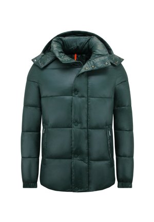 Donkergroene gewatteerde jas met hoge kraag, drukknopen, zakken met rits en een vaste capuchon tegen een witte achtergrond.