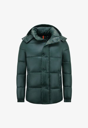 Donkergroene gewatteerde jas met hoge kraag, drukknopen, zakken met rits en een vaste capuchon tegen een witte achtergrond.