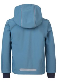 Blue, hooded jacket with a smooth, textured surface. Features gray stitching and a reflective accent at the back waist. Navy cuffs.