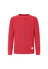 Roter kabelgestrickter Pullover mit geripptem Kragen, Bündchen und Saum. Verfügt über ein strukturiertes Muster und ein kleines Etikett an der unteren Seite.
