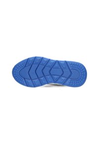 Semelle en caoutchouc bleu avec des motifs texturés, présentant des designs angulaires et une prise hexagonale au centre pour l'adhérence et la stabilité.