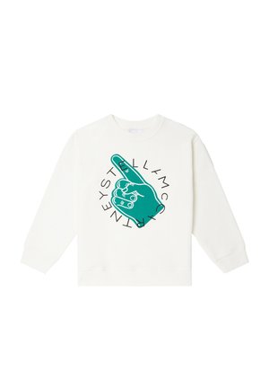 Felpa bianca con una grafica verde di una mano che indica e un design di testo circolare. Maniche lunghe, polsini a costine e tessuto morbido.