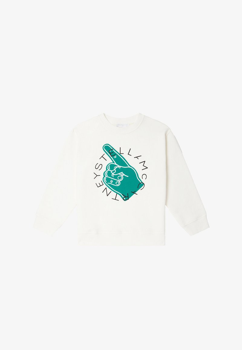 Felpa bianca con una grafica verde di una mano che indica e un design di testo circolare. Maniche lunghe, polsini a costine e tessuto morbido.