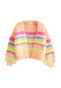 Cardigan en tricot de couleur pêche avec des rayures multicolores en rose, bleu, vert et gris. Il présente un large col et des manches ballons.