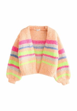 Knit cardigan in peach with multicolored stripes in pink, blue, green, and grey. Features a wide neckline and balloon sleeves.