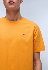 Tricou din bumbac portocalie, cu mâneci scurte și guler rotund, ce prezintă o mică broderie a steagului norvegian pe partea stângă a pieptului. Textură fină.