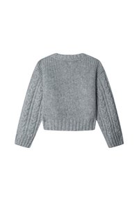 Maglione grigio lavorato a maglia con una texture a coste, con maniche a treccia e un design corto. Collo rotondo e orlo a coste.