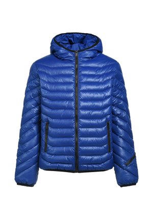 Niebieska pikowana kurtka puchowa z kapturem, z zamkiem błyskawicznym z przodu, dwoma zamykanymi na zamek kieszeniami po bokach oraz zamkiem na mankiecie lewego rękawa.