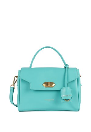 Borsa a mano in pelle teal con design strutturato, manico superiore, tracolla removibile, hardware dorato e una piccola etichetta.