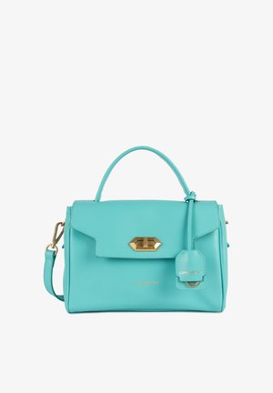 Teal leren handtas met een gestructureerd ontwerp, bovenhandvat, afneembare schouderriem, gouden hardware en een klein tagdetail.
