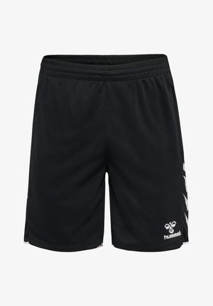 Schwarze Sportshorts mit elastischem Bund, seitlichen Taschen, weißen Chevron-Streifen an den Seiten und weißem Hummel-Logo am Saum des linken Beins.