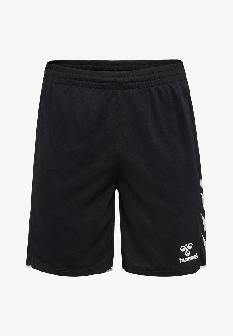 Schwarze Sportshorts mit elastischem Bund, seitlichen Taschen, weißen Chevron-Streifen an den Seiten und weißem Hummel-Logo am Saum des linken Beins.