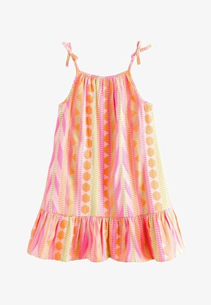 Ärmelloses Mädchenkleid mit pinken, orangefarbenen und grünen geometrischen Streifen, verstellbaren Schulterbändern und einem Rüschensaum.