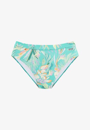 Braguita de bikini verde con un patrón floral tropical. Textura acanalada, hojas y flores multicolor, cintura de altura media, sin herrajes visibles.