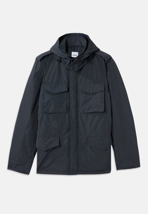 Dark gray hooded jacket featuring a zip front, two large chest pockets, and two side pockets. Made from a lightweight, textured fabric.