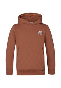 Brązowa bluza z kapturem z kieszenią na przodzie w wzór w romby oraz małym logo na klatce piersiowej. Miękki materiał i ściągacze na rękawach.