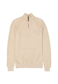 Beige Strickpullover mit einem Halbreißverschlusskragen, gerippten Bündchen und Saum. Mit einem kleinen Logo-Detail auf der oberen linken Seite.