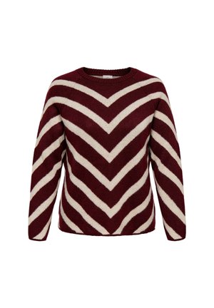 Knitted sweater in burgundy and cream with chevron stripes. Features a round neck and long sleeves. Soft texture and casual design.