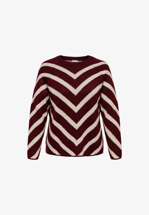 Suéter de punto en burdeos y crema con rayas en forma de chevron. Presenta un cuello redondo y mangas largas. Textura suave y diseño informal.