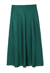 Gonna in satin verde con una silhouette fluida, caratterizzata da una texture morbida e una vita alta. Tagliata all'altezza del ginocchio per una vestibilità classica.