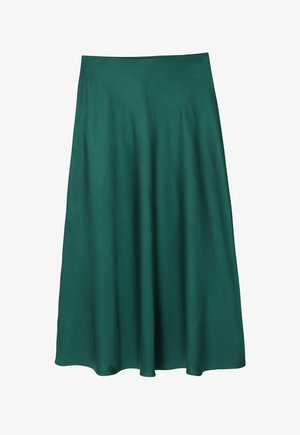 Falda de satén verde con una silueta fluida, que presenta una textura suave y una cinturilla ancha. Cortada a la altura de la rodilla para un ajuste clásico.