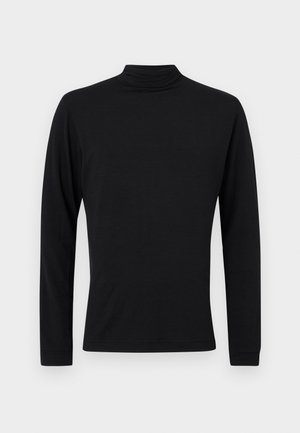 Maglietta nera a maniche lunghe con colletto a dolcevita, realizzata in materiale morbido, caratterizzata da un design aderente e una texture liscia, con un collo classico.