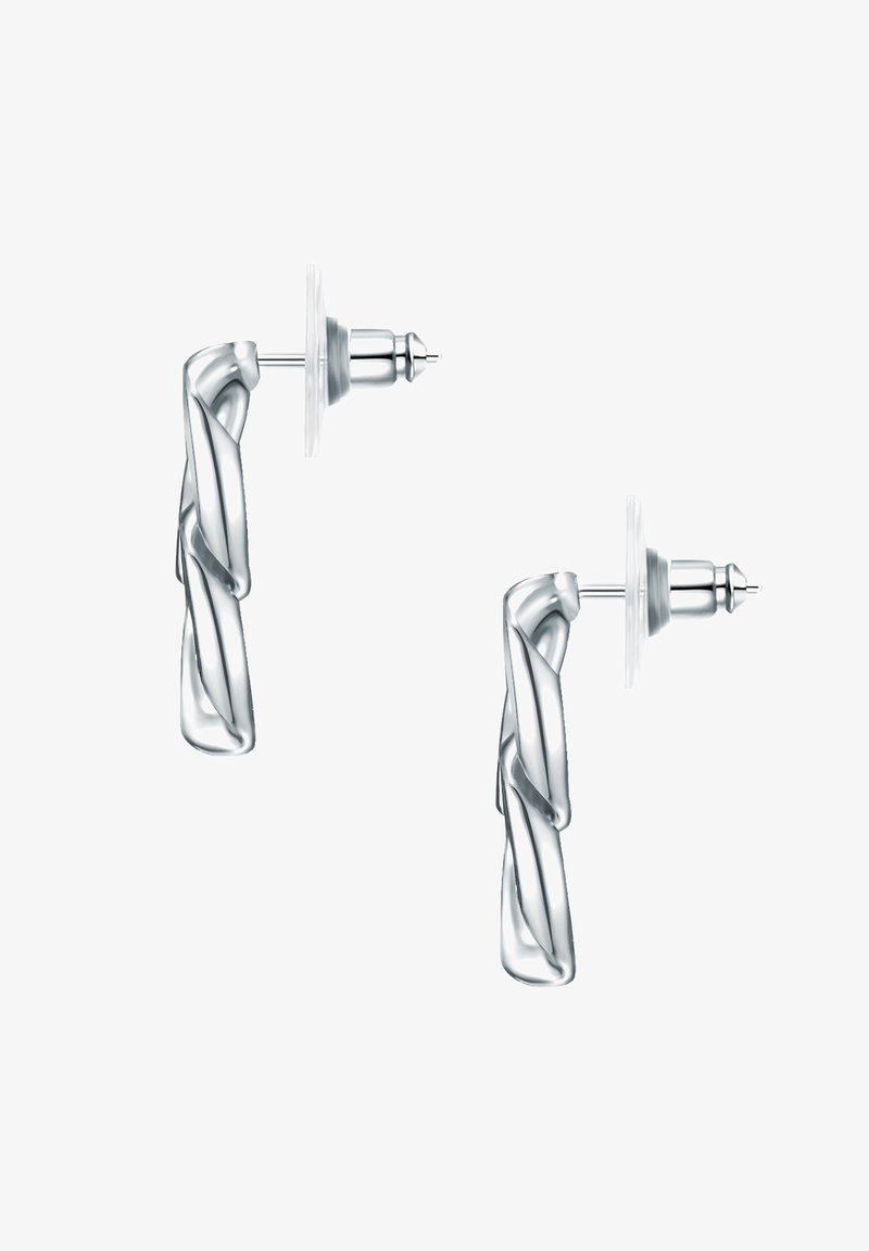 Vriden silverfärgade metallstiftörhängen med en glänsande yta, med en transparent baksida för säker användning. Elegant och minimalistisk design.