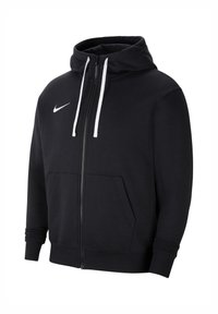 Schwarze Zip-Up-Kapuzenshirt aus weichem Stoff, mit Kapuze, weißen Kordeln, Fronttaschen und einem kleinen weißen Nike-Logo auf der Brust.