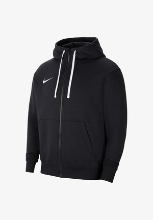 Zwarte zip-up hoodie gemaakt van zachte stof, met een capuchon, witte trekkoorden, voorzakken en een klein wit Nike-logo op de borst.