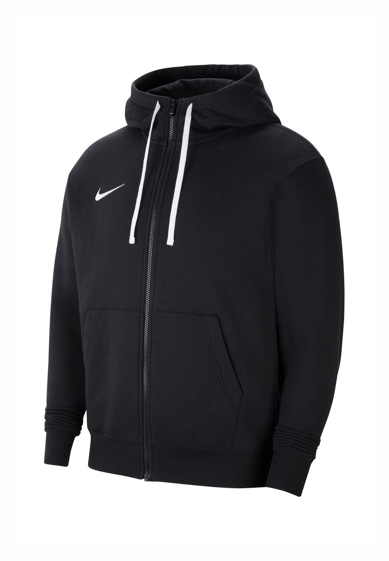 Schwarze Zip-Up-Kapuzenshirt aus weichem Stoff, mit Kapuze, weißen Kordeln, Fronttaschen und einem kleinen weißen Nike-Logo auf der Brust.