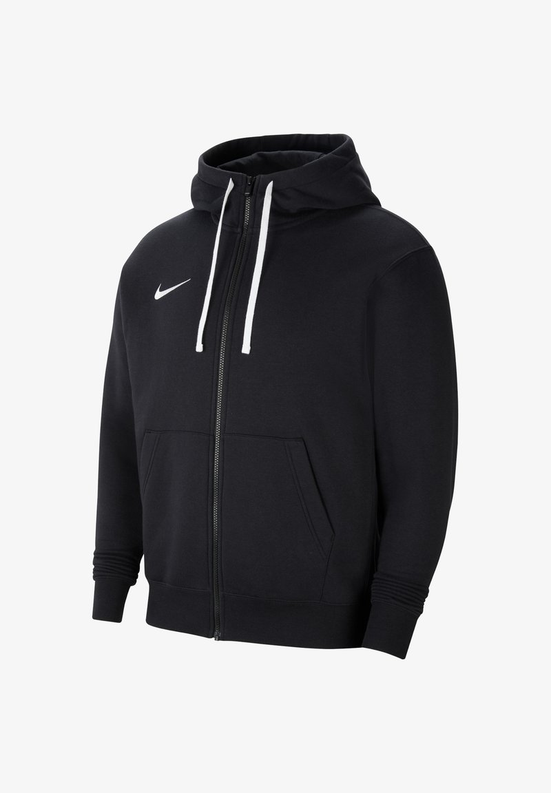 Black zip-up hoodie made of soft fabric, featuring a hood, white drawstrings, front pockets, and a small white Nike logo on the chest.
