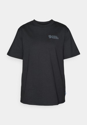 Black cotton t-shirt with short sleeves, crew neck, featuring a grey logo print on the upper left side and a small Swedish flag accent.