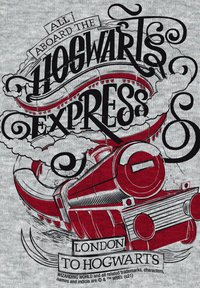 Rotes und schwarzes Grafikdesign mit einem Dampflok, Text "Steigt ein in den Hogwarts Express, London nach Hogwarts," auf einem grauen Hintergrund.