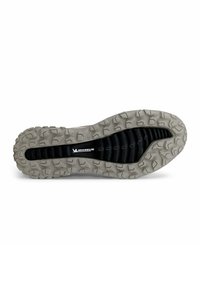 Suola di scarpa in gomma con una superficie grigia texture, caratterizzata da scanalature profonde per la trazione, una fessura centrale nera e il logo Michelin.