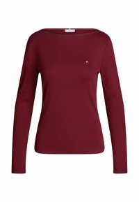 Top lungo bordeaux a maniche in tessuto morbido e elasticizzato; scollatura ampia; piccolo logo sulla parte sinistra del petto; silhouette aderente.