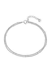 Silberfarbener Armband mit mehreren miteinander verflochtenen Ketten, kleinen sphärischen Akzenten und einem Karabinerverschluss, inklusive verstellbarem Kettenverlängerer.