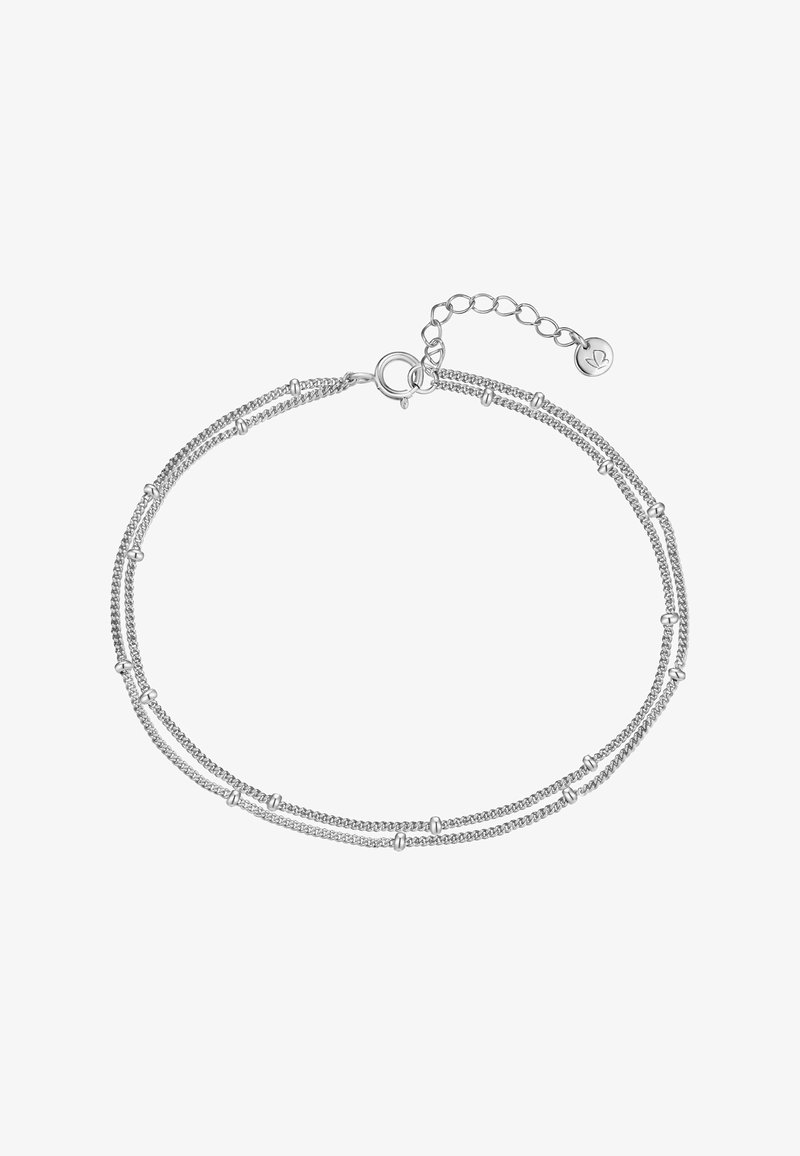 Silberfarbener Armband mit mehreren miteinander verflochtenen Ketten, kleinen sphärischen Akzenten und einem Karabinerverschluss, inklusive verstellbarem Kettenverlängerer.