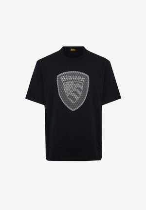 T-shirt noir à manches courtes avec un grand motif central argenté en forme de bouclier composé de petits losanges.