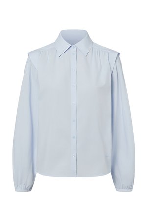 Lichtblauwe blouse met lange mouwen, knopen aan de voorkant, puntige kraag, geplooide schouders en licht opgepofte mouwen met elastische manchetten.