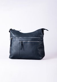Navy leather handbag with a textured surface, featuring multiple zippered pockets and a shoulder strap for carrying ease.
