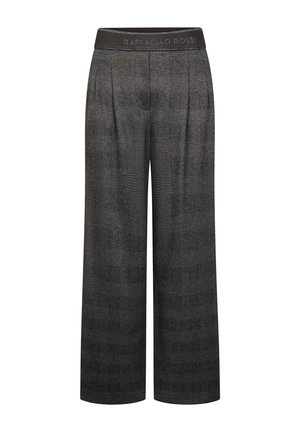 Dunkelgraue Hose mit weitem Bein und dezentem Karo-Muster, schwarzer Bund mit "Raffaello Rossi" Logo in grauer Schrift.