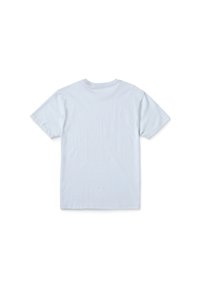 Hellblaues Baumwoll-T-Shirt mit kurzen Ärmeln, Rundhalsausschnitt und einer glatten, einfarbigen Textur. Rückansicht, keine Muster oder Akzente sichtbar.