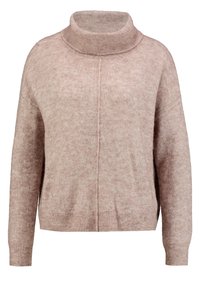 Vaaleanpunainen, pehmeä neulepaita, jossa on korkea ribattu kaulus ja lasketut olkapäät. Edessä on sauma ja ribatut hihansuut sekä helma.