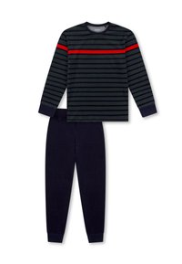 Herren-Loungewear-Set mit einem langärmeligen gestreiften Oberteil in Dunkelgrau und Rot, kombiniert mit einfarbigen, dunkelblauen Hosen. 100 % Baumwolle.