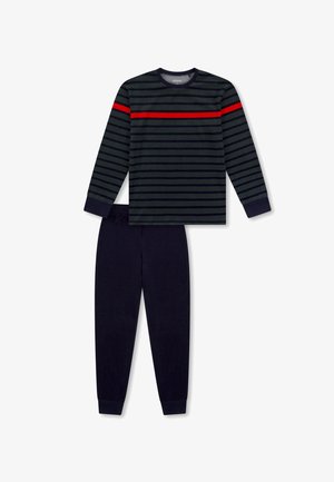 Men's loungewear set featuring a long-sleeve striped top in dark gray and red, paired with solid dark navy pants. 100% cotton fabric.